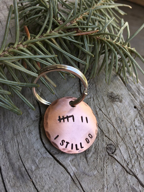 Custom Seventh Anniversary Keychain, Personalized Tally Mark Gift for Husband, Wife. Traditional 7th gift hand stamped  in solid copper.