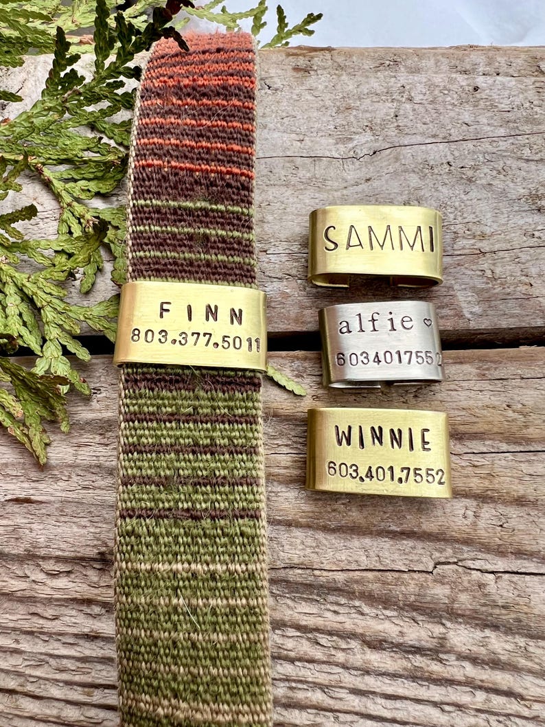 May include: A multi-coloured woven dog collar with brass name tags. The collar features green, brown, and orange tones. The tags are engraved with names and phone numbers: "FINN", "SAMMI", "alfie", and "WINNIE".