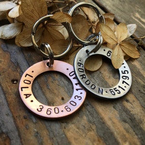 May include: Two round metal pet ID tags with engraved text. The larger tag is silver and reads "GORDON  OVL 1:30  N. 651.795.6". The smaller tag is copper and reads "LOLLA. 360.603".