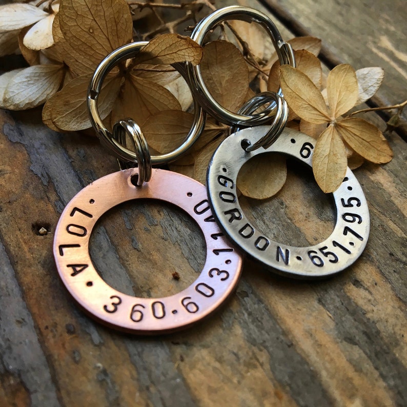 May include: Two round metal pet ID tags with engraved text. The larger tag is silver and reads "GORDON  OVL 1:30  N. 651.795.6". The smaller tag is copper and reads "LOLLA. 360.603".
