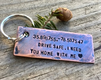 Gift for New Driver, Drive Safe Keychain, Personalized Copper Keychain, Custom Coordinate Keychain, 7th Anniversary Gift