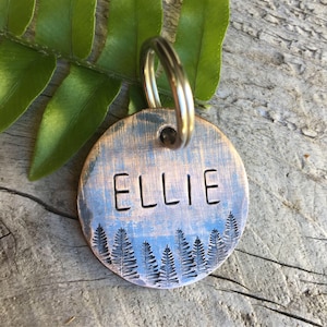 Personalized Artisan Bronze Dog Tag, Vintage Hand stamped Collar Name ID, Custom Pet Tag with Phone Number & Address, Forest Design