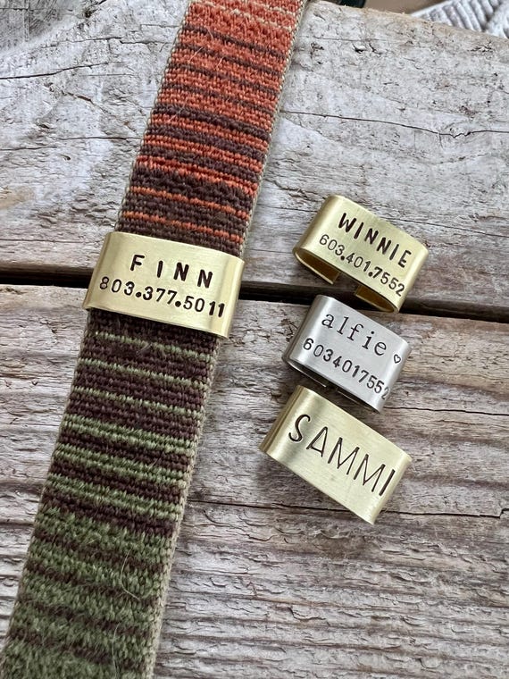 Custom Brass Slide On Dog Tag for Collar, Personalized Metal Pet ID, Minimalist Silent No Dangle Dog Name Tag, Quiet Hunting Dog Collar Gear