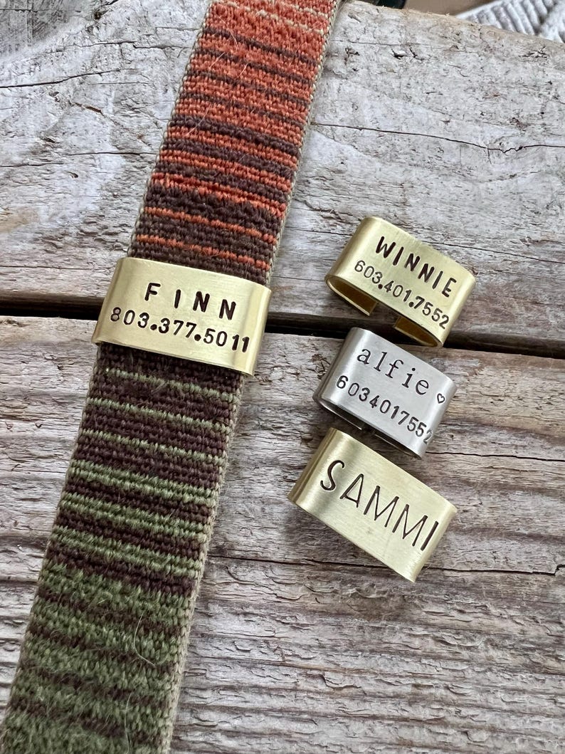 Personalized slide on brass dog tag for collar, hand stamped pet ID tag with dog name and phone number, minimalist no dangle design