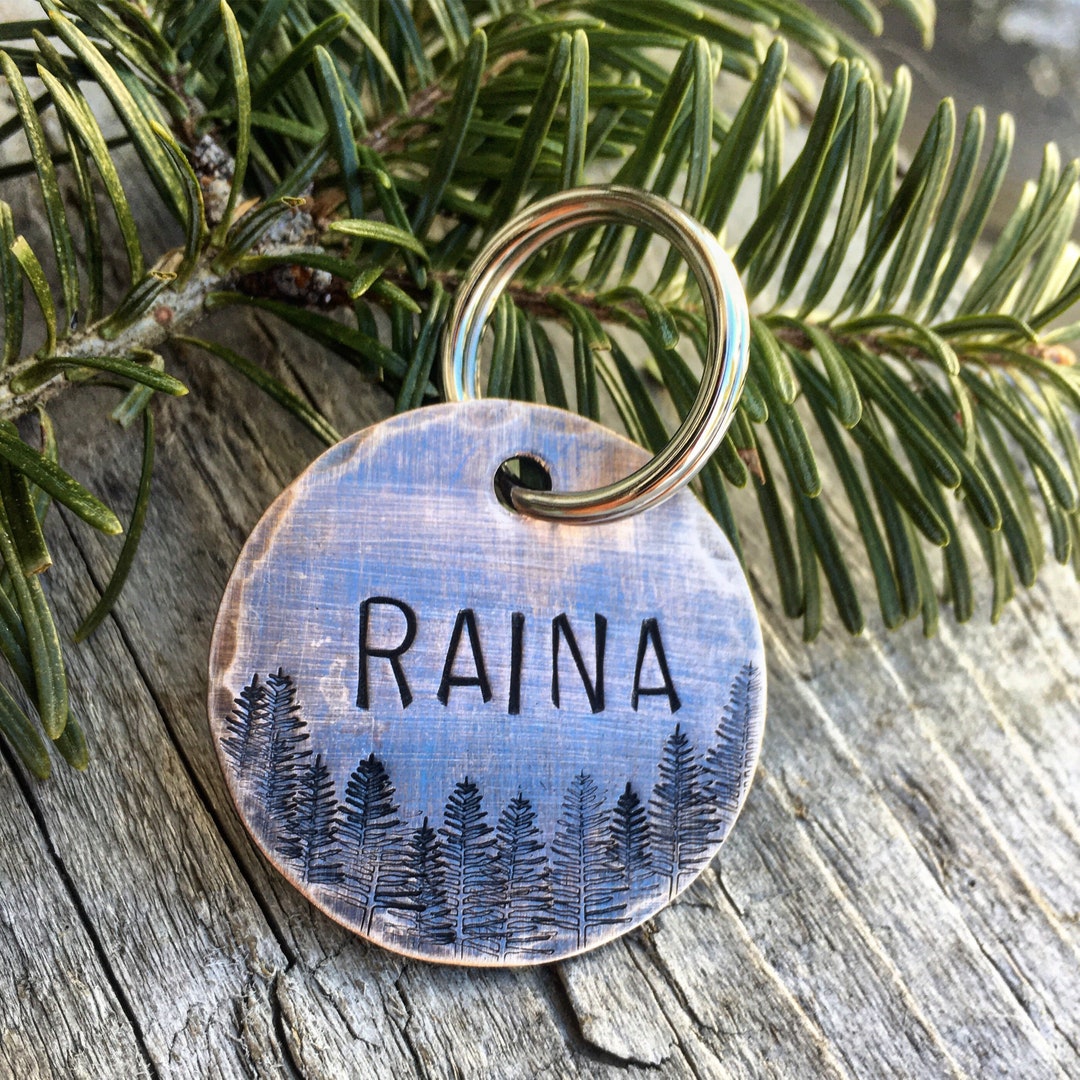 Custom Metal Dog ID Tag With Forest Design, Personalized Hand Stamped ...