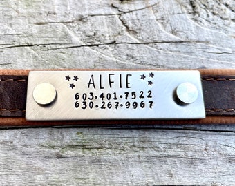 Rivet On Dog Tag - Pet Collar Nameplate - Personalized Name ID Tag - Nickel Dog Collar Quiet Tag - Screw On Pet ID Tag - Harness Tag Stamped