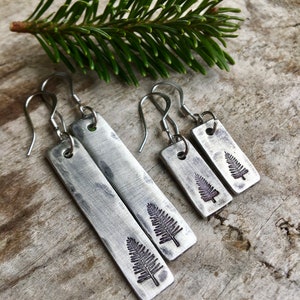 Simple Pine Tree Earrings in Pewter - Hand stamped with a pine tree in either 1.5" or 3/4" length.