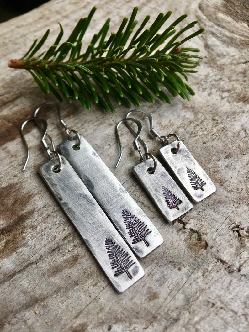 Simple Pine Tree Earrings in Pewter - Hand stamped with a pine tree in either 1.5" or 3/4" length.