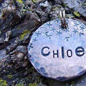 May include: A round, silver-toned dog tag with a hammered texture and a snowflake design around the edge. The name "Chloe" is engraved in the center.