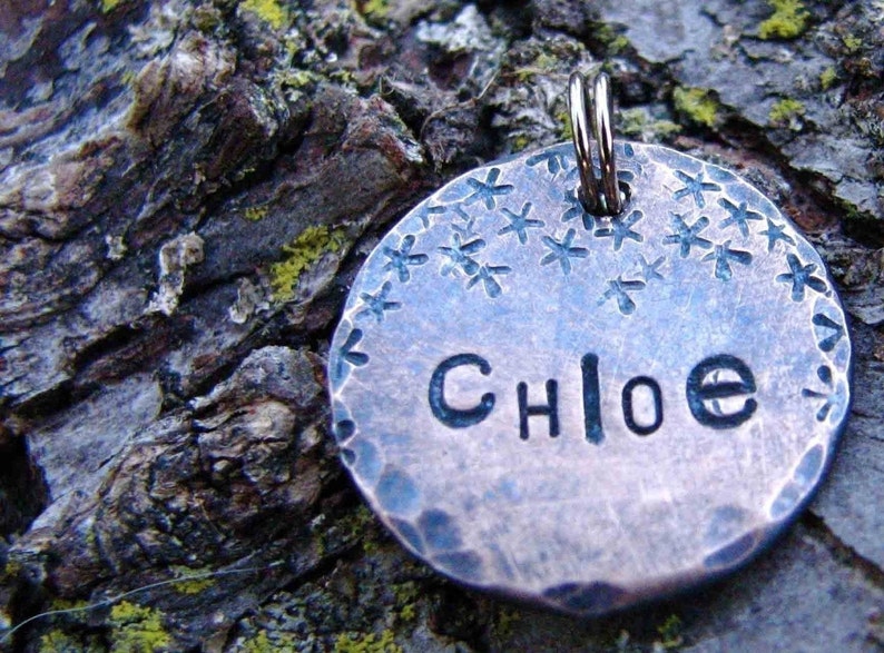 May include: A round, silver-toned dog tag with a hammered texture and a snowflake design around the edge. The name "Chloe" is engraved in the center.