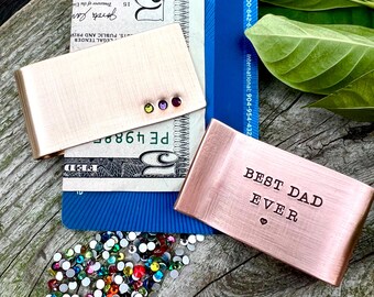 Gepersonaliseerde geboortesteen geldclip voor vader, opa, aangepast koper, bronzen portemonnee jubileumcadeau, gegraveerd vaderdagcadeau van kinderen