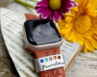 Custom Apple Watch Charm w Birthstones, Personalized Name Smartwatch Band Slider, iWatch Jewelry Accessory, Gift for Mother's Day, Grandma
