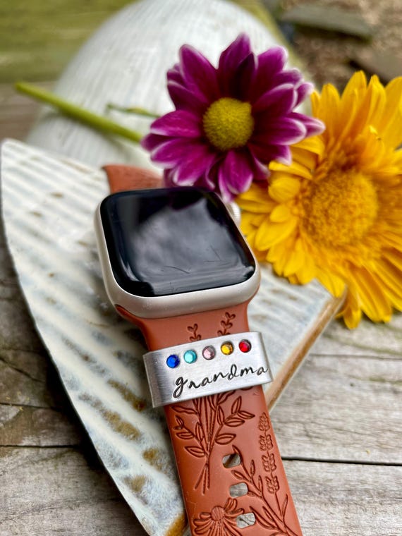 Custom Apple Watch Charm w Birthstones, Personalized Name Smartwatch Band Slider, iWatch Jewelry Accessory, Gift for Mother's Day, Grandma