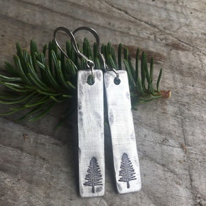 Simple Pine Tree Earrings in Pewter - Hand stamped with a pine tree in either 1.5" or 3/4" length.