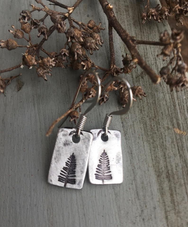 Simple Pine Tree Earrings in Pewter - Hand stamped with a pine tree in either 1.5" or 3/4" length.