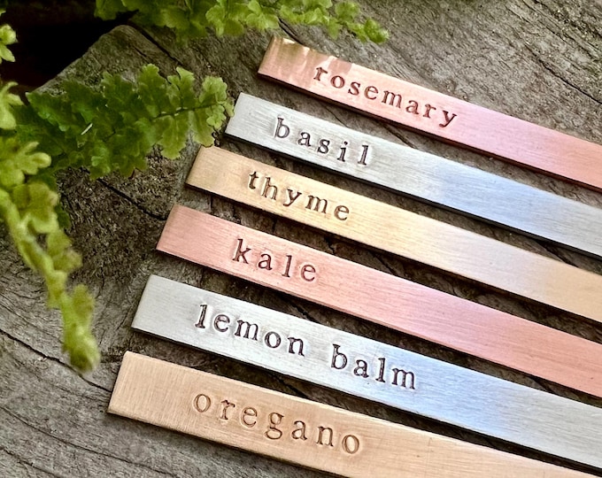 Custom Metal Garden Markers, Plant ID Stakes, Personalized Herb Tags, Flower, Seedling Labels in Brass, Copper, Spring Gifts Plant Lovers