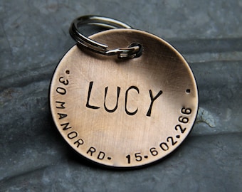 Custom Dog Tag / Custom Pet ID Tag - Lucy - in 1.25'' Domed Bronze, Aluminum, Copper or Brass