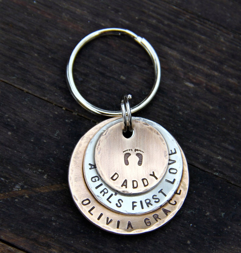 A Girl/'s First Love Keychain in Layered Bronze /& Nickel New Dad Gift Father/'s Day Gift Custom Keychain for Daddy