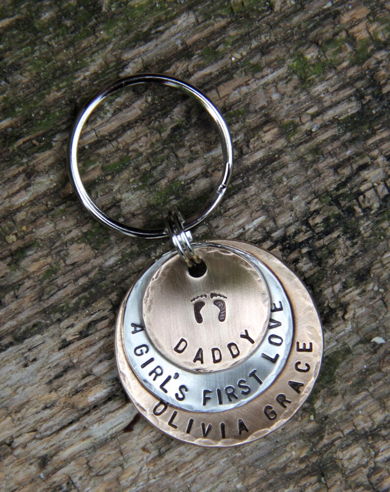 A Girl/'s First Love Keychain in Layered Bronze /& Nickel New Dad Gift Father/'s Day Gift Custom Keychain for Daddy