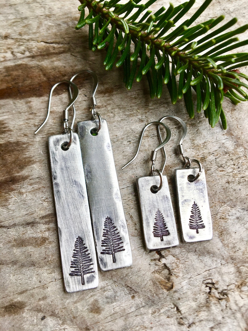 Simple Pine Tree Earrings in Pewter - Hand stamped with a pine tree in either 1.5" or 3/4" length.