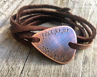 Custom Guitar Pick Wrap Bracelet in Copper and Leather - Personalize for Dad, Husband, or Boyfriend