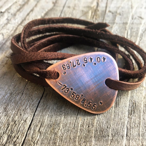 Custom Guitar Pick Wrap Bracelet in Copper and Leather - Personalize for Dad, Husband, or Boyfriend