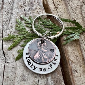 Lucky Penny Keychain / Personalized Anniversary Keychain- Copper Anniversary Gift - 7th Anniversary Gift, Custom Lucky Penny Keychain Gift