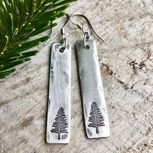 Simple Pine Tree Earrings in Pewter - Hand stamped with a pine tree in either 1.5" or 3/4" length.