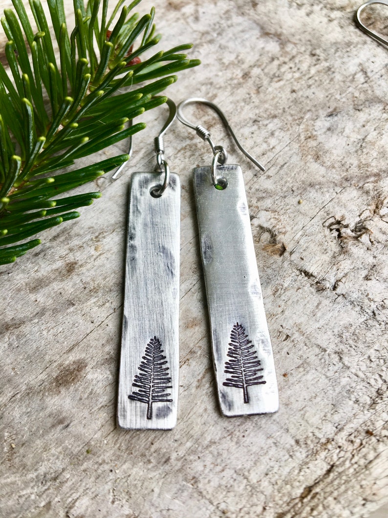 Simple Pine Tree Earrings in Pewter - Hand stamped with a pine tree in either 1.5" or 3/4" length.