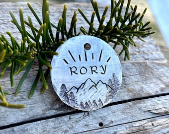 Personalized Dog Tag for Dogs, Pet Tag, Hand Stamped Pet ID Tag, Mountain Tag, Hiking Dog Collar Tag, Personalized Dog ID,  Sunrise Mountain