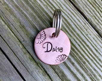 Hand Stamped, Custom Daisy pet ID Tag | Floral Pet Tag | Pet ID Tag - Cat Tag -  Flowers Tag |  Daisy in 1" Copper