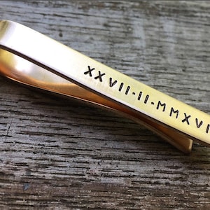 Custom Roman Numerals Tie Bar Gift - Engraved Monogram Bronze Tie Clip  - Personalized Metal Tie Tack - Eighth, 8th Anniversary Gift for Him