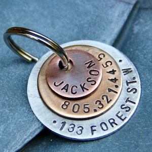 Custom Layered Dog Tag | Personalized Collar Name ID - in Copper, Bronze & Silver - Cat or Puppy Tag Phone + Address, New Kitty Dog Gift