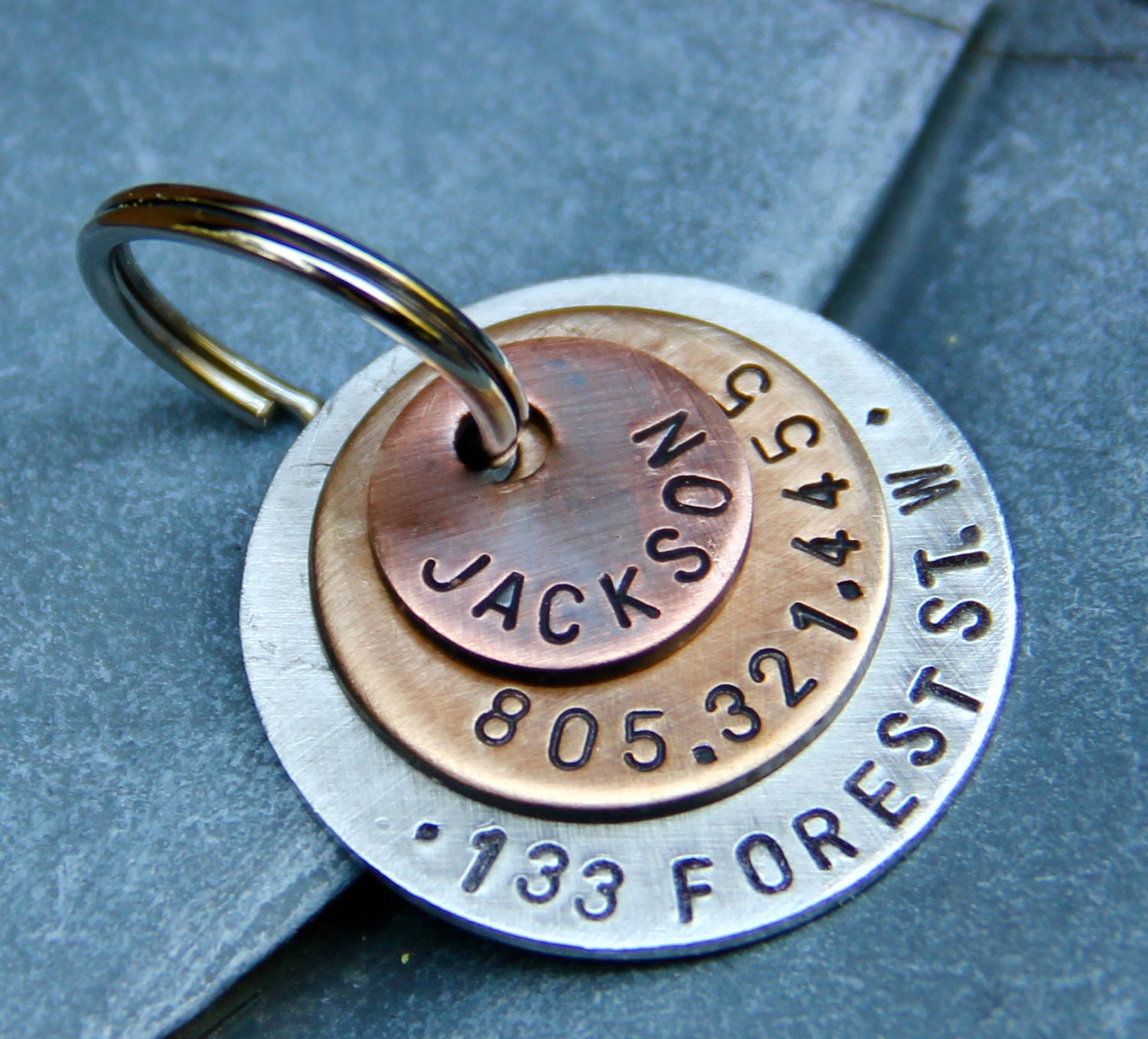 Custom Layered Dog Tag | Personalized Collar Name ID - in Copper, Bronze & Silver - Cat or Puppy Tag Phone + Address, New Kitty Dog Gift