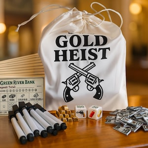 May include: A board game set with a cream-colored drawstring bag featuring the text "GOLD HEIST" and crossed revolvers. The set includes play money, gold bars, dice, markers, and Green River Bank cards.