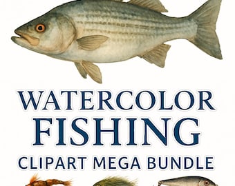 Akvarellfiske Clipart MEGA-paket: Fisk, Beten, Kartor (PNG-filer för kommersiellt bruk)