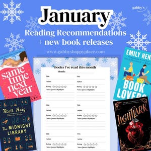 May include: A blue background with snowflakes and the text "January Reading Recommendations + new book releases." Several book covers are visible, including "Same Time Next Year" and "Book Lovers."