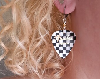 Checker Guitar Pick Earrings, Custom Color Guitar Picks, Rocker Jewelry, Music Lover Earrings, Guitar Player Gift, Band Merch Rock Concert