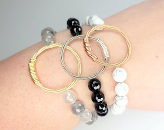 Guitar String Gemstone Bracelet – Recycled Music Jewelry with Howlite, Onyx, or Smoky Quartz Beads, Gift for Music Lovers, Gemstone Beaded