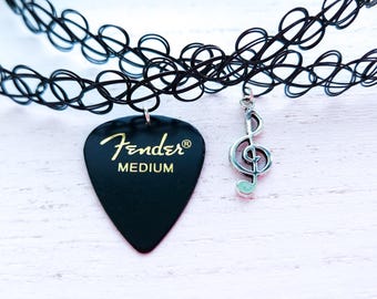 Guitar Pick Charm Choker Necklace Set of 2 — Custom Charm Stretch Tattoo Chokers, 90s Y2K Music Festival Jewelry