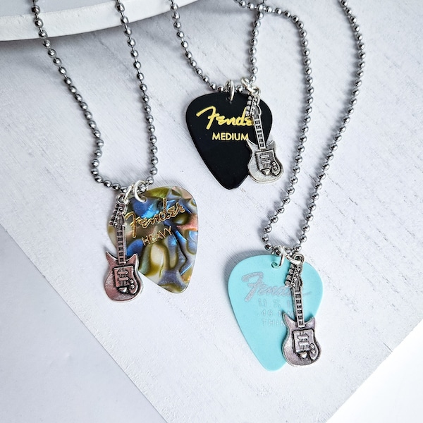 Guitar Pick Charm Necklace, Custom Color Jewelry, Fender Guitar, Band Merch Jewelry, Music Jewelry for Guitar Player and Music Lover,