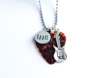 Custom Guitar Pick Necklace, Personalized Name Stamped Music Lover Jewelry Gift, Acoustic Guitar Charm, Band Merch for Rock Concert Fans