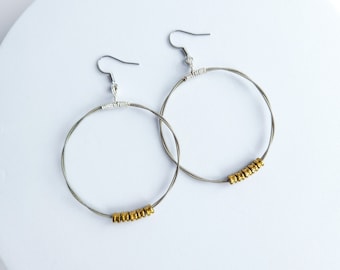Guitar String Hoop Earrings, Mixed Metal Big Silver Hoops with Gold Sliding Ball End Beads, Music Gift