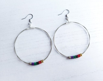 Guitar String Hoop Earrings, Hoops with Rainbow Color Recycled Guitar String Gold Ball Ends, Music Jewelry, Guitar Player Gift