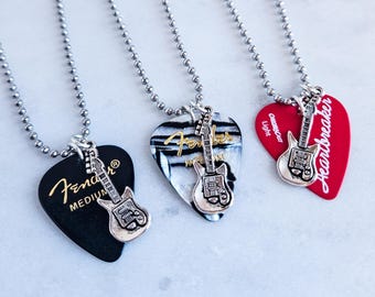 Guitar Pick Charm Necklace, Custom Guitar Jewelry, Fender Guitar, Band Merch Jewelry, Music Jewelry for Guitar Player and Music Lover