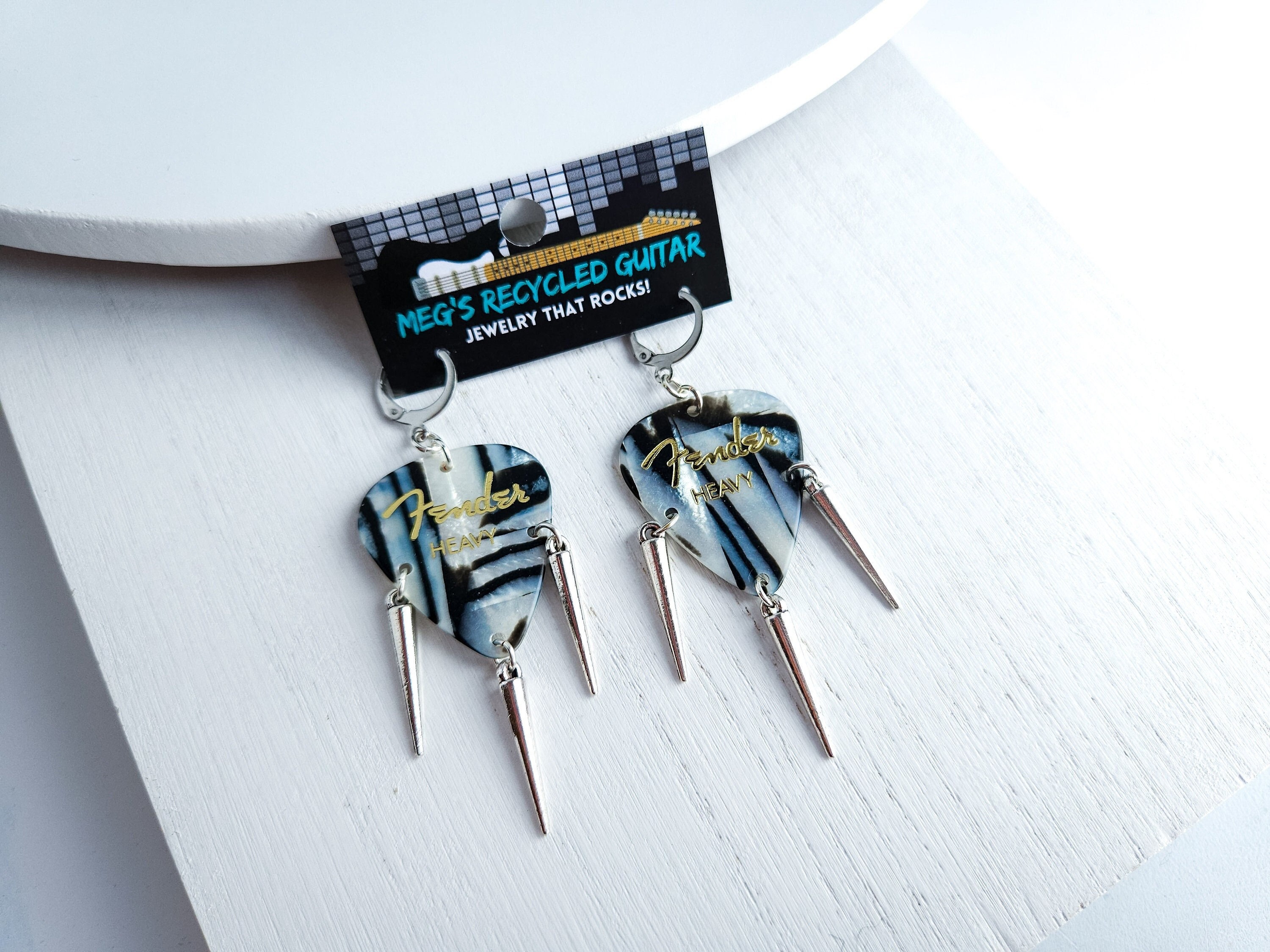 Black & White Houndstooth Guitar Pick Earrings - Epoxy Art Earrings, 2" Long, Surgical Steel Wires (GP046) - View #9