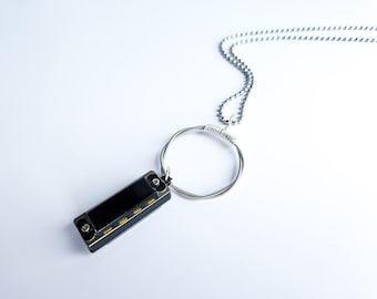 Mini Harmonica + Guitar String Necklace - Unique Guitar Jewelry Gift, Music Lover Necklace, Musical Instrument, Music Jewelry, Musician Gift