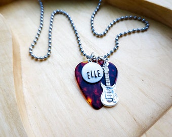 Guitar Pick Name Charm Necklace, Personalized Jewelry, Stamped Name, Music Lover Gift, Guitar Charm Necklace, Gift for Musician