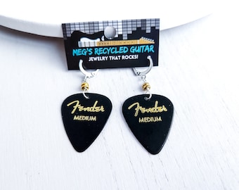 Black Fender Guitar Pick Earrings, Custom Color Guitar Picks, Rocker Jewelry, Music Lover Guitar Player Gift, Band Merch Rock Concert