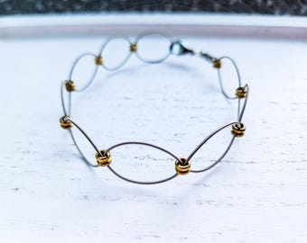 Guitar String Bracelet, Statement Puzzle Bracelet, Silver Gold Mixed Metal, Recycled Eco Friendly, Music Jewelry Musician Gift, Silver Brass